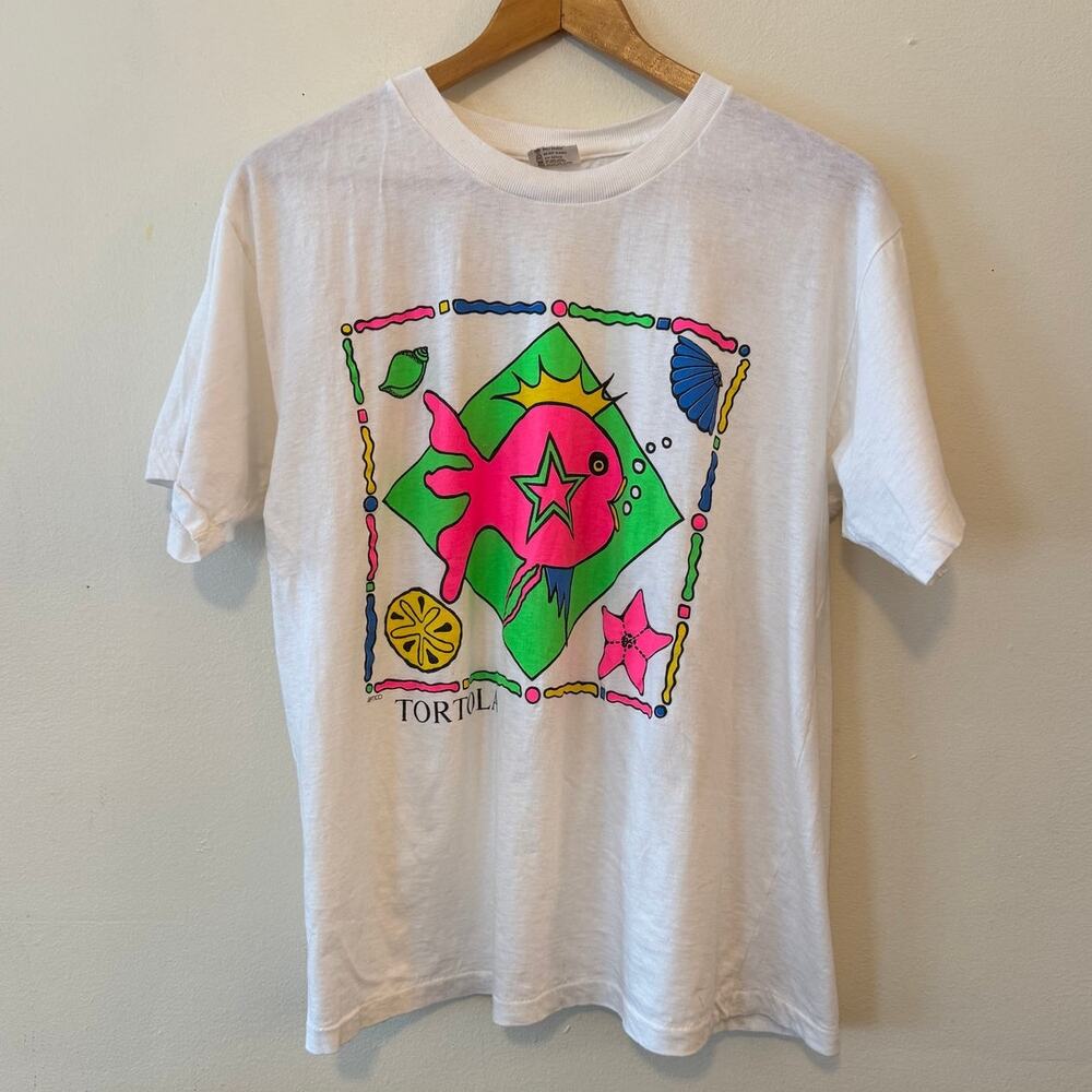 Vintage 90s Tortola Neon Fish Tropical Graphic Tee – Trade Winds S (kids XXL)
